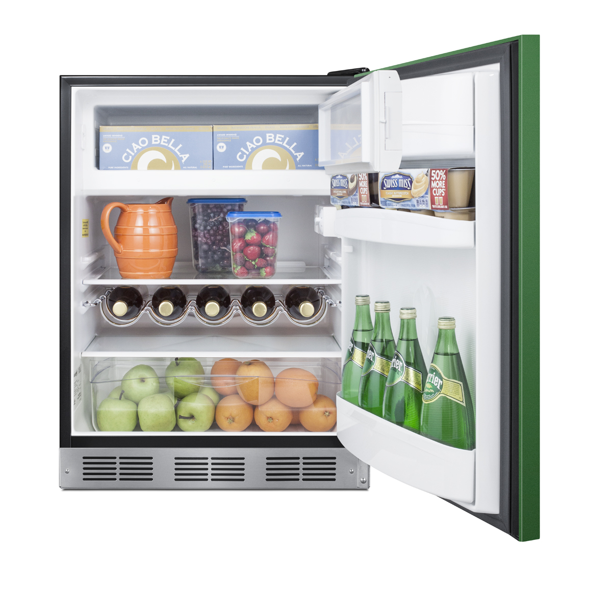 24 in. wide refrigerator-freezer for residential use with an emerald green door, stainless steel handle, and black cabinet